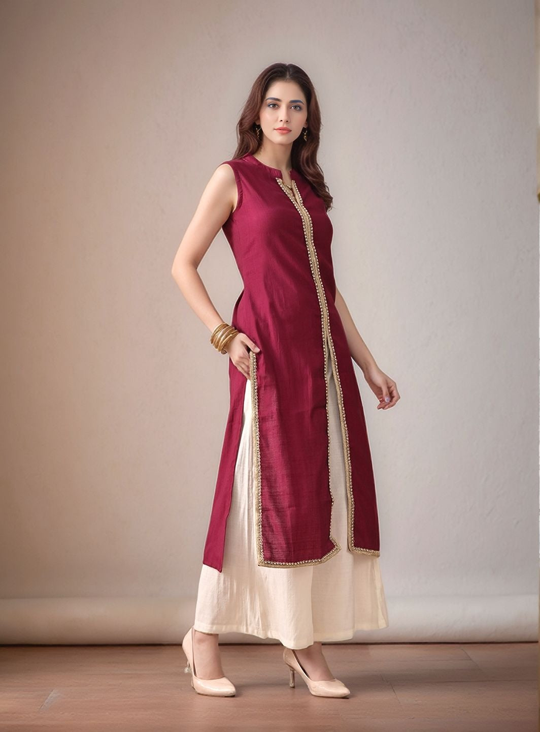 Myshka Women Kurta Set Magenta Laced Panel Kurta with Palazzo Round Neck A-line