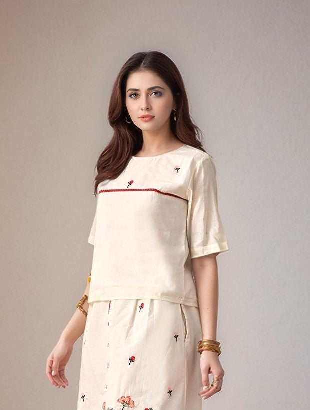 Myshka Women Off-White Self Design Top Short Sleeves