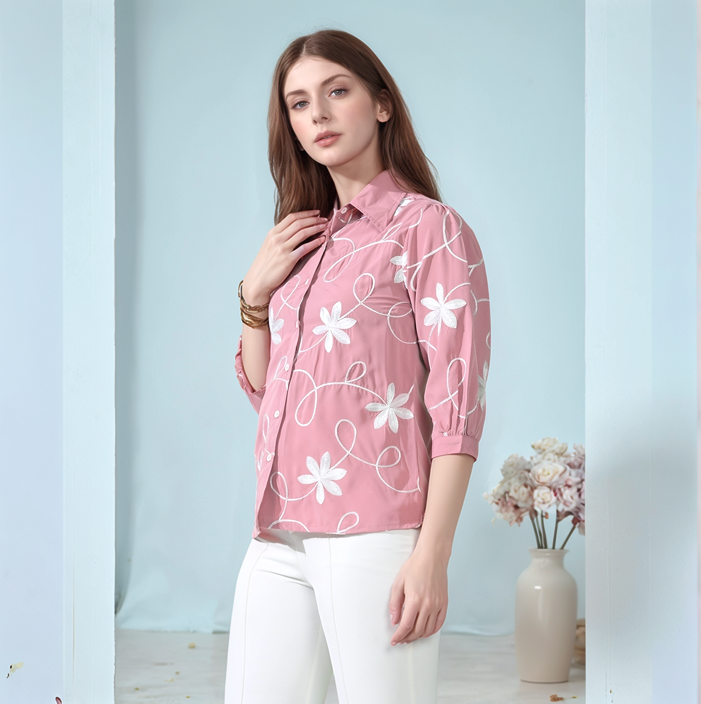 Myshka Women Causal Shirt Style Embroidered Top Pink Color
