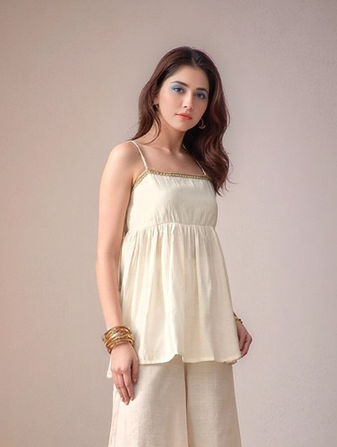 Myshka Women White Laced Peplum Longline Top Shoulder Strap