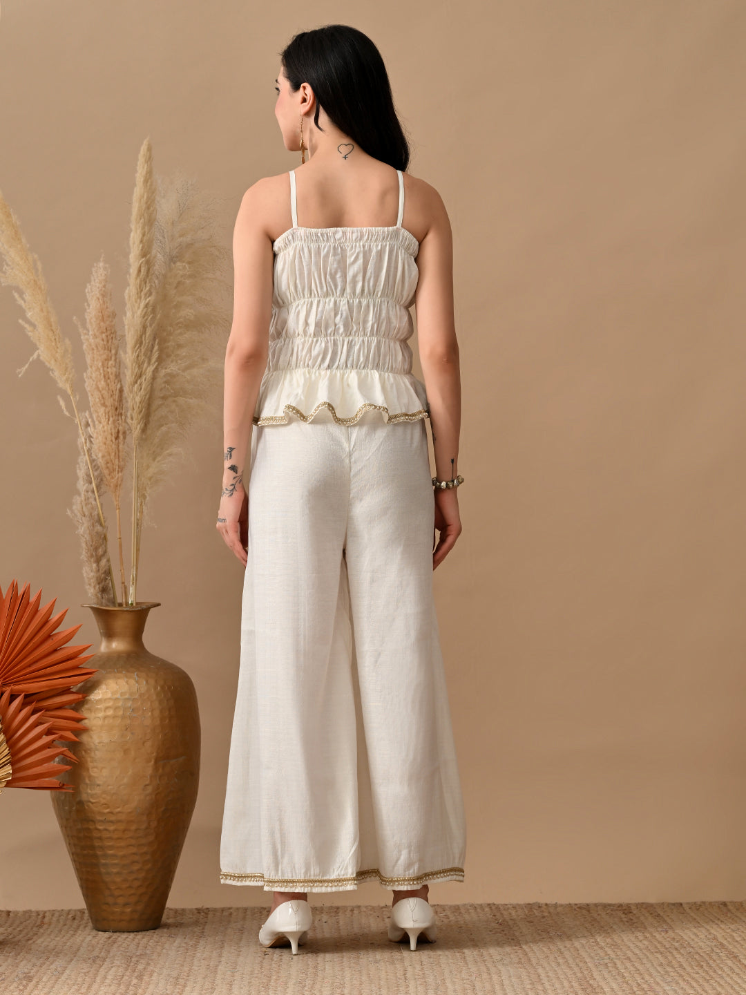 Myshka Women White Self Design Tube Top Trouser Festive