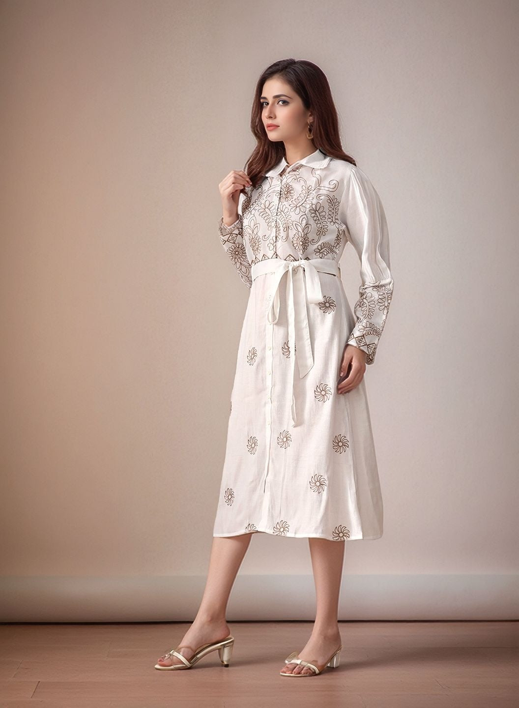 Myshka Women White Embroidered Shirt Dress Trendy Full Sleeves