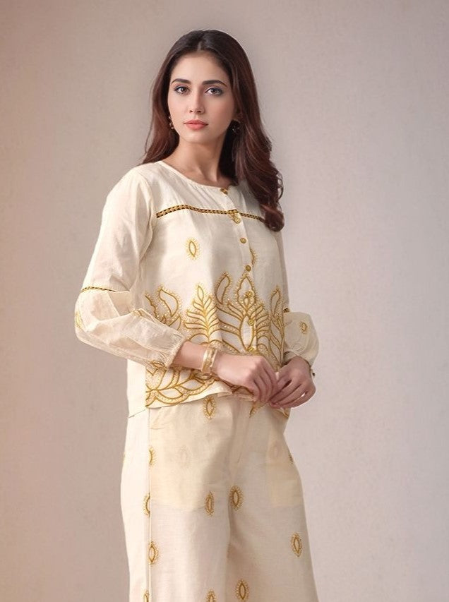 Myshka Women Mustard Yellow Embroidered Ethnic Motif Shirt Puffed Sleeve