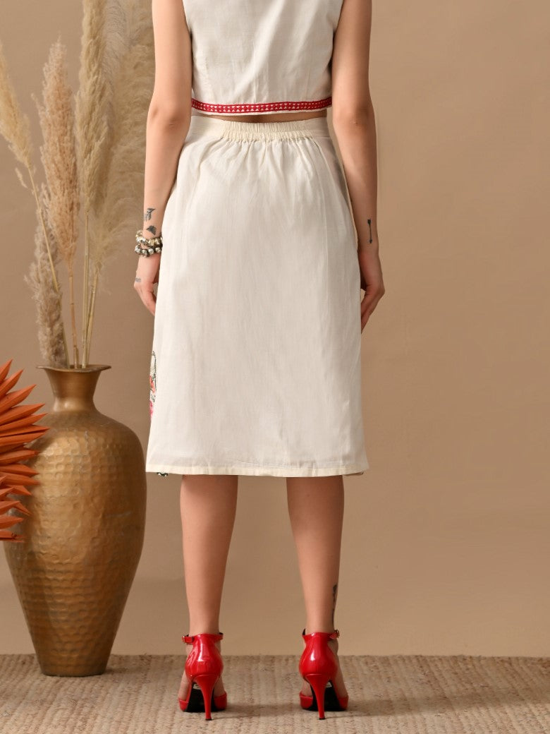 Myshka Women Classy Multi Color Thread Embroidered Pleated A-line Skirt Button closure