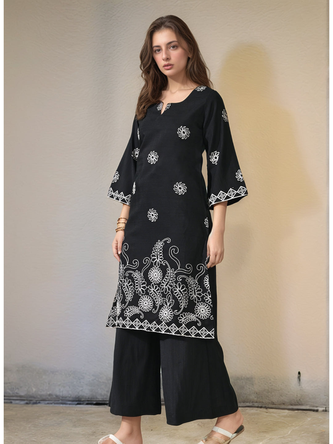 Myshka Women Embroidered Calf Length Black Kurta With Palazzo