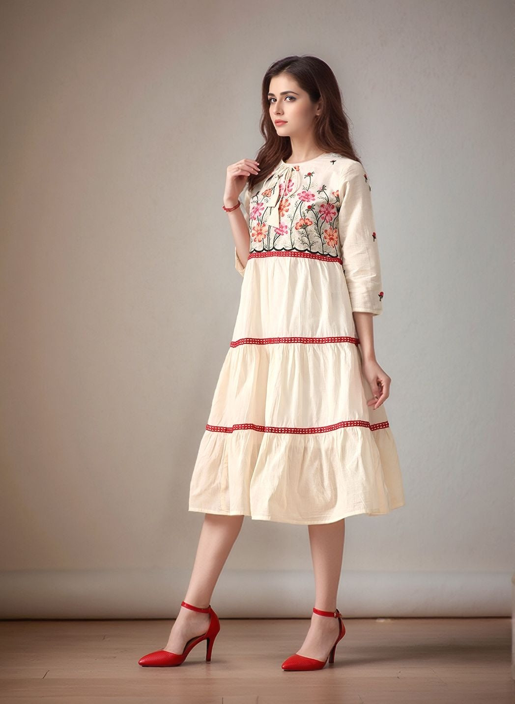 Myshka Women Multi Color Thread Embroidered Laced Tired Dress Regular Sleeves
