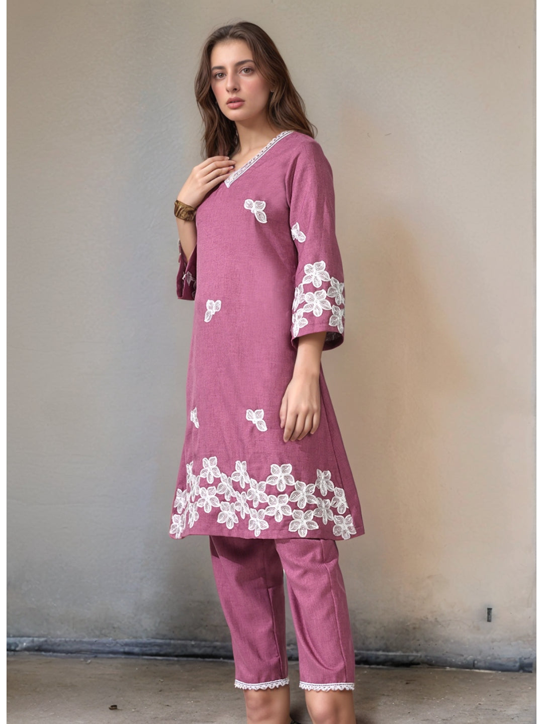 Myshka Women Embroidered Calf Length Mauve Kurta With Palazzo