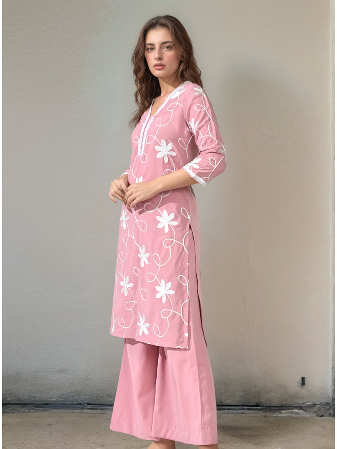 Myshka Women Embroidered Calf Length Pink Kurta With Palazzo