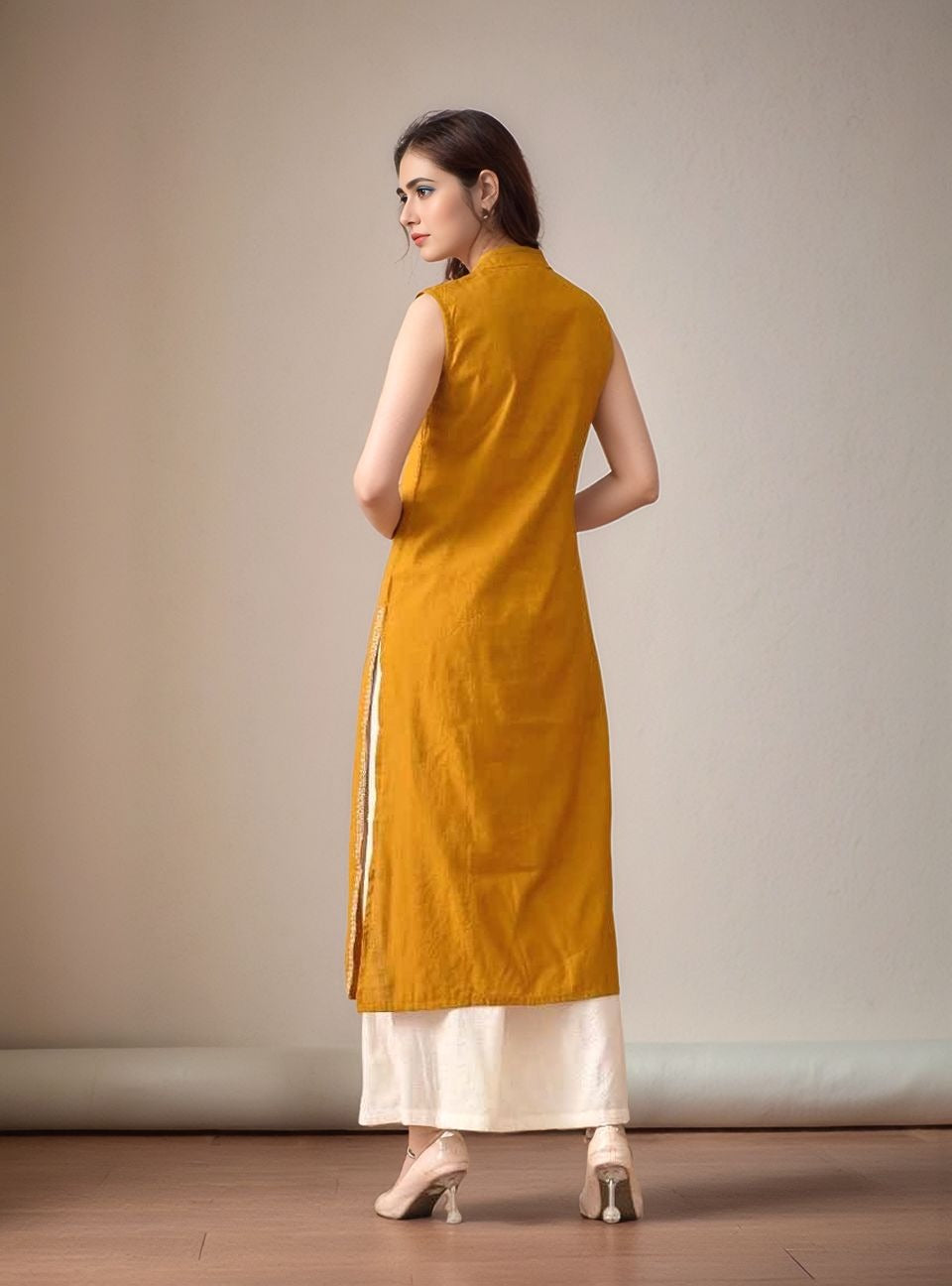 Myshka Women Kurta Set Yellow Laced Panel Kurta with Palazzo Round Neck A-line