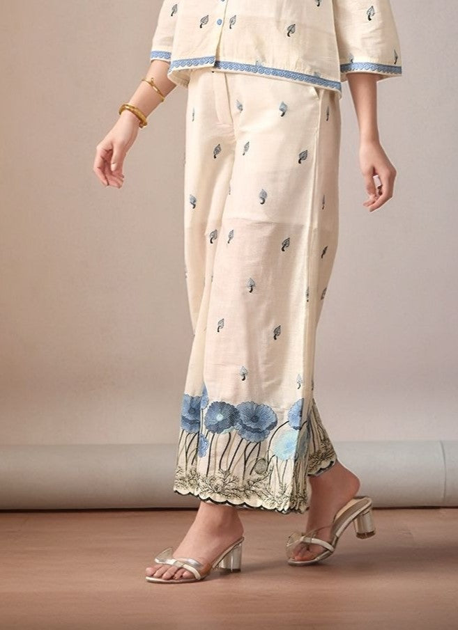 Myshka Women Blue Thread Floral Embroidered Flared Trouser