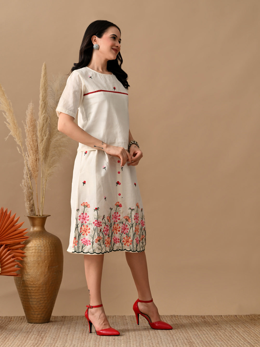 Myshka Women Multi Color Thread Embroidered Self Design Top Pleated Skirt Fusion Wear