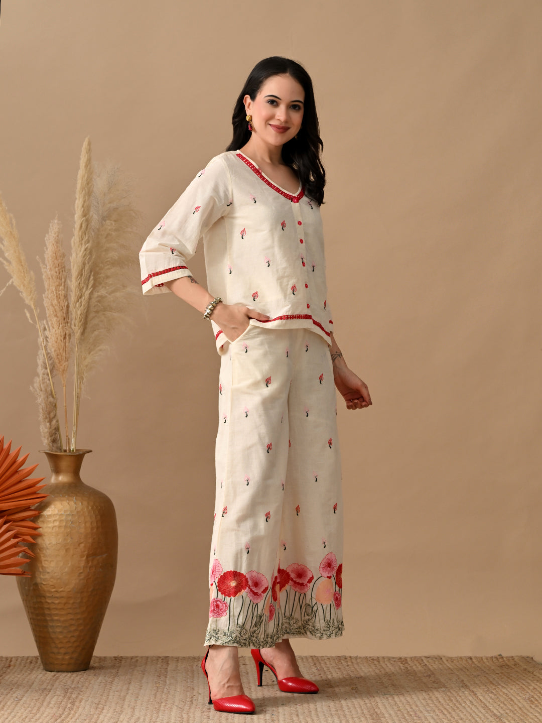 Myshka Women Multi Color Thread Floral Embroidered & Laced Shirt Trouser Festive