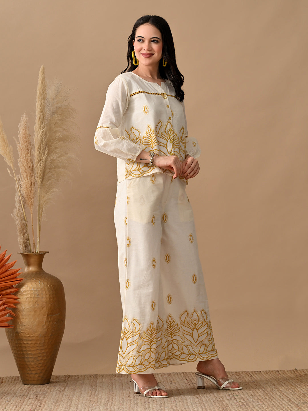 Myshka Women Mustard Yellow Embroidered Ethnic Motif & Laced Shirt Trouser Festive