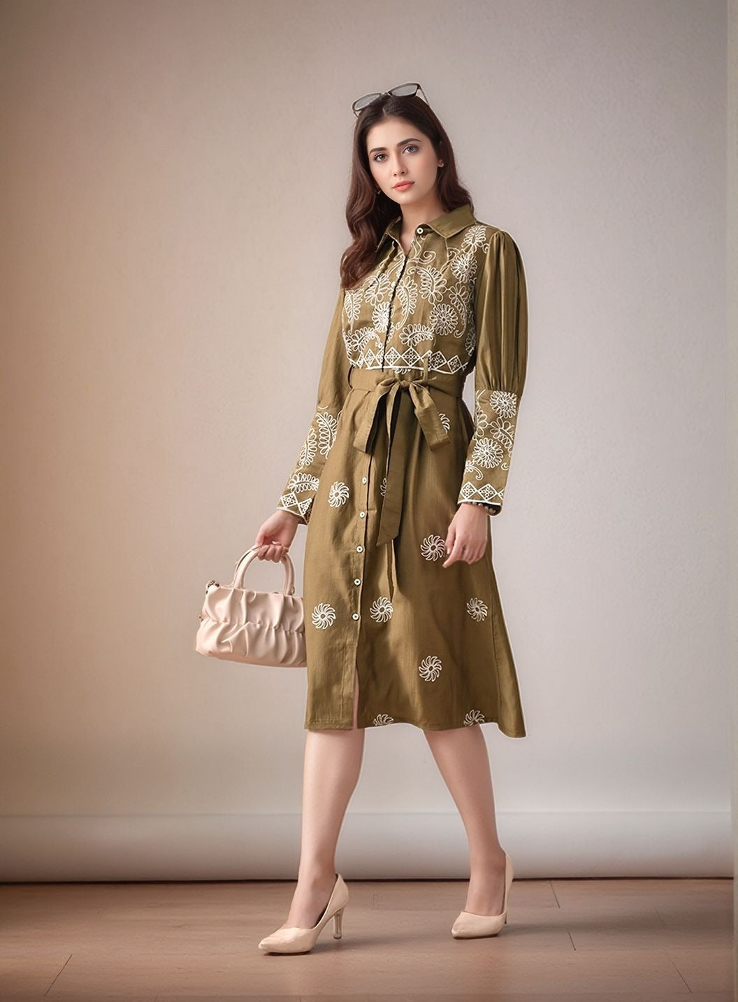 Myshka Women Olive Green Embroidered Shirt Dress Trendy Full Sleeves