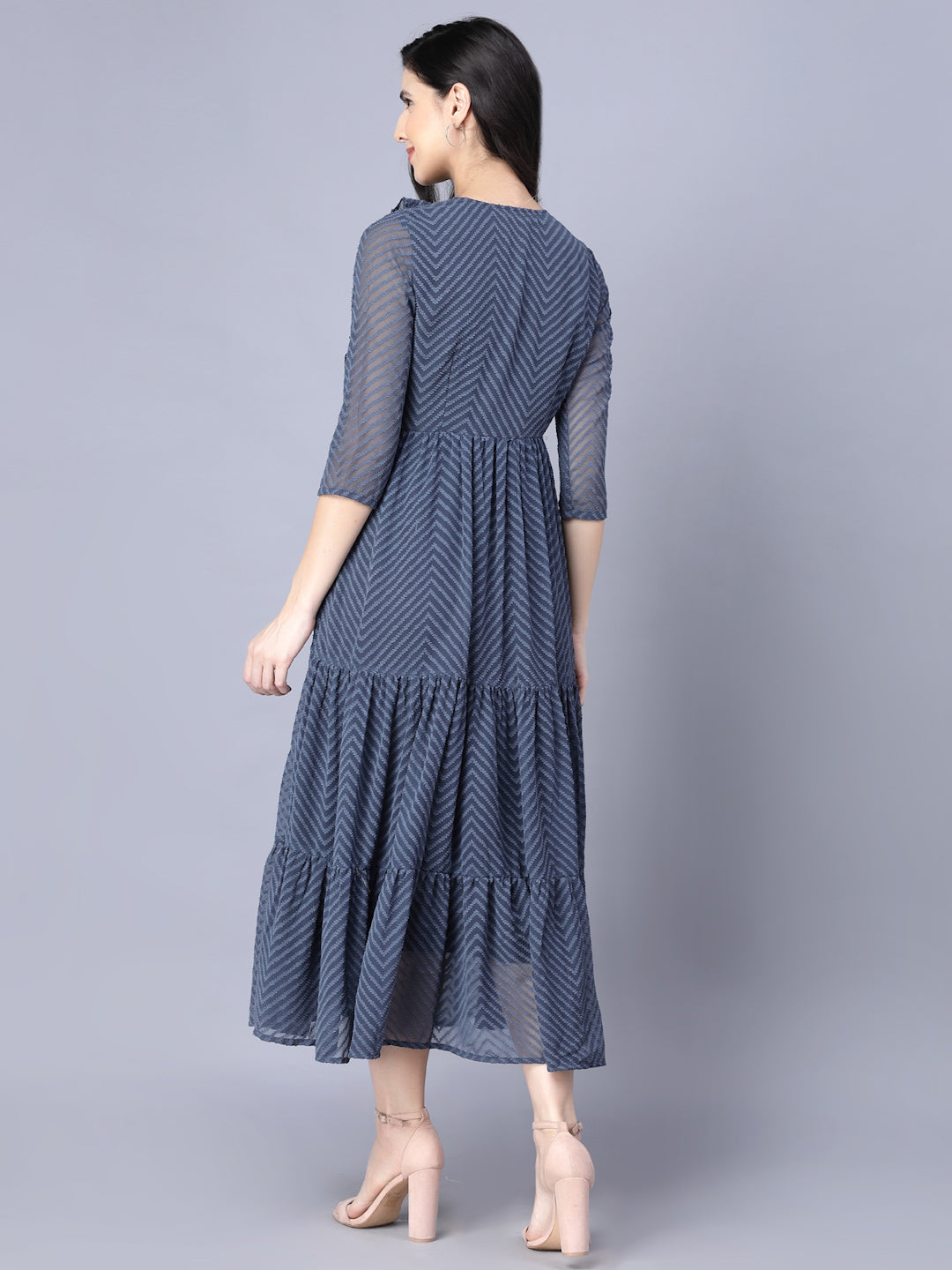 Myshka Myshka Georgette Solid 3/4 Sleeve Round Dark Grey Women Dress