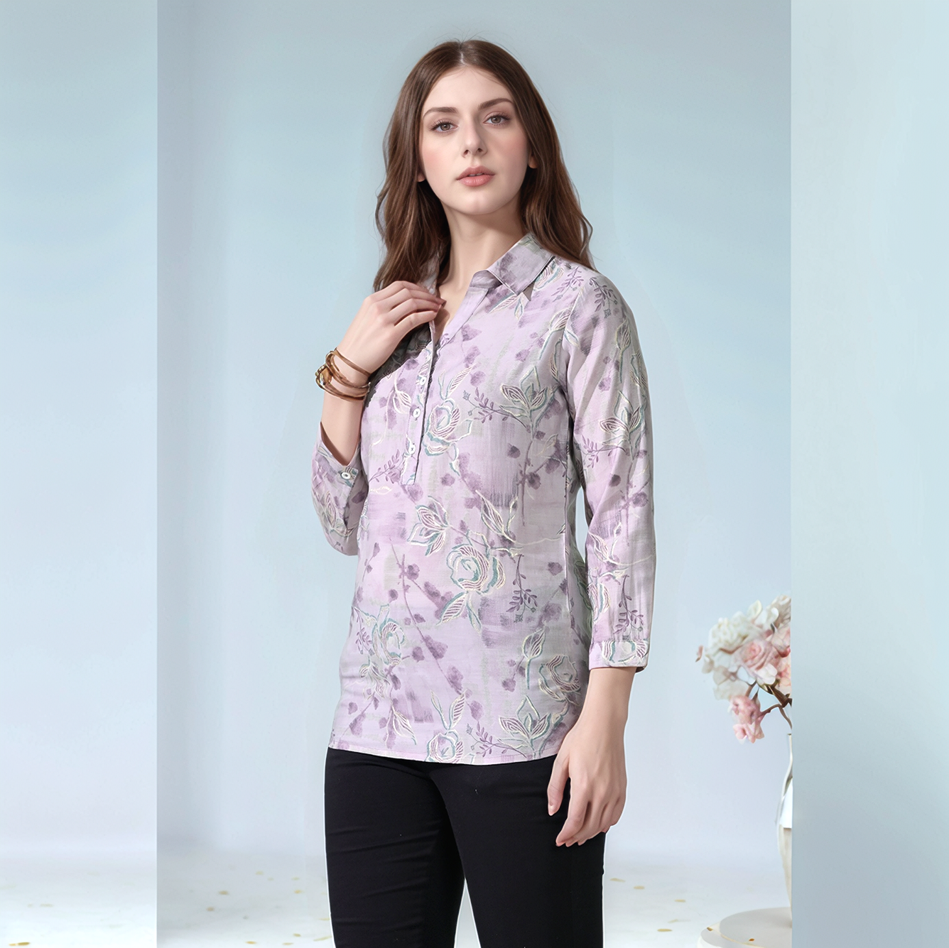 Myshka Women Causal Printed Shirt Style Embroidered Top Lavender Color
