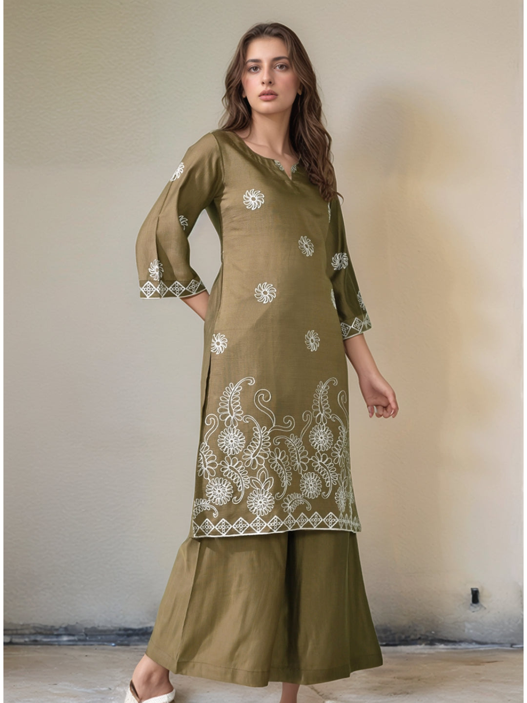 Myshka Women Embroidered Calf Length Olive Kurta With Palazzo