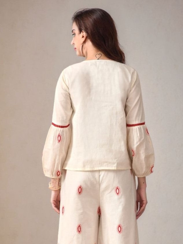 Myshka Women Red Embroidered Ethnic Motif Shirt Puffed Sleeve