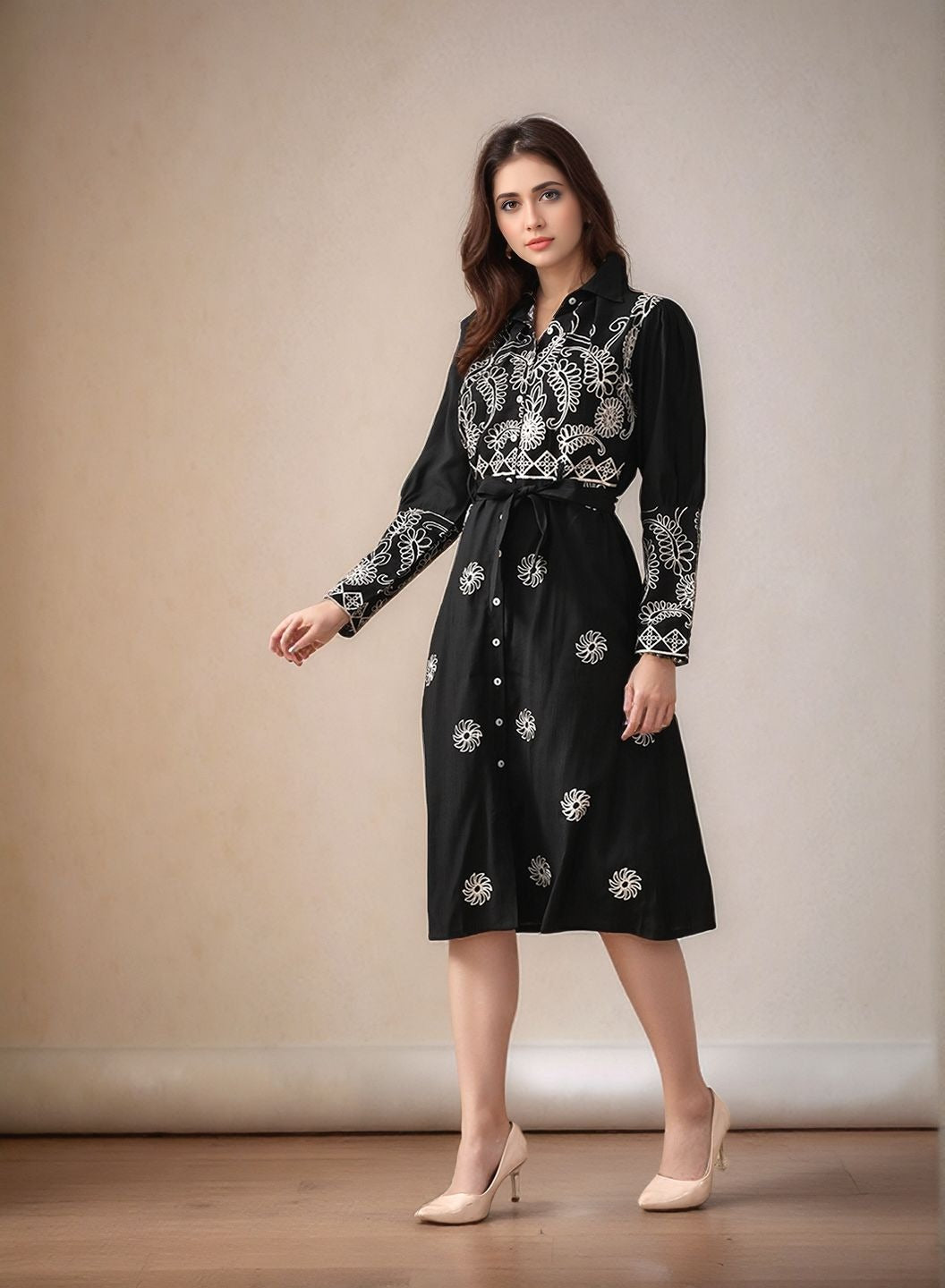 Myshka Women Black Embroidered Shirt Dress Trendy Full Sleeves