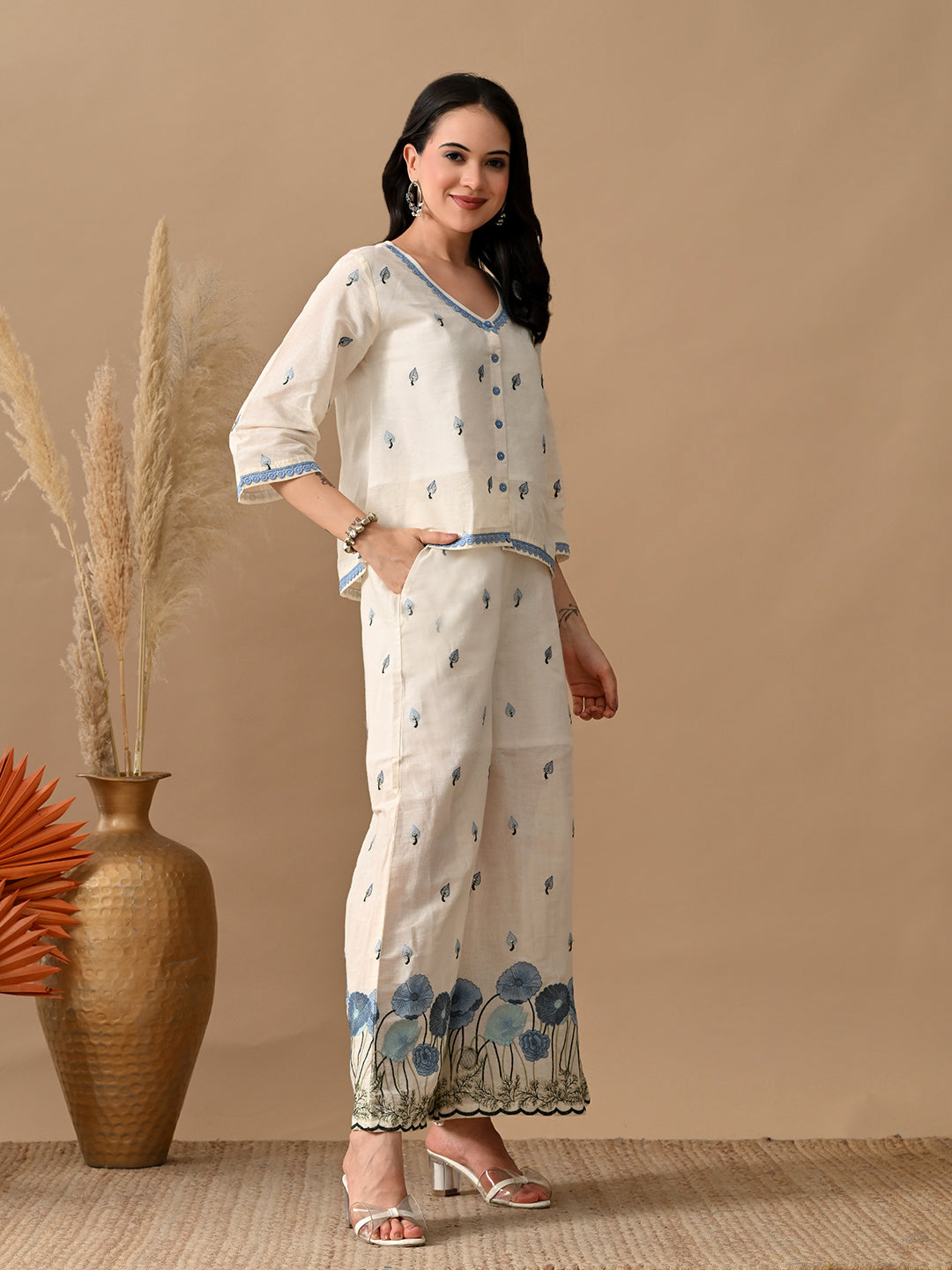 Myshka Women Blue Floral Embroidered & Laced Shirt Trouser Festive