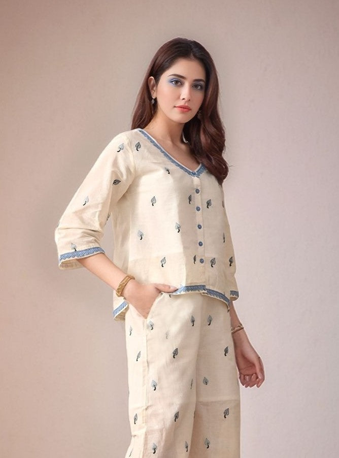Myshka Women Blue Embroidered Laced Shirt Three-Quarter Sleeves