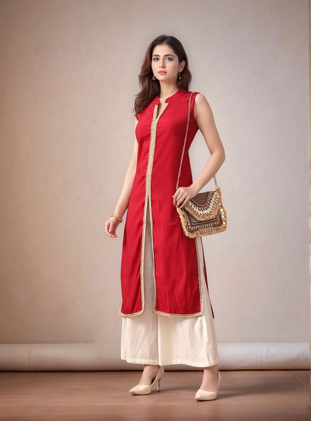 Myshka Women Kurta Set Red Laced Panel Kurta with Palazzo Round Neck A-line