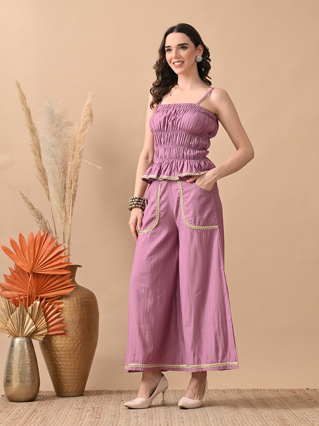 Myshka Women Lavender Self Design Tube Top Trouser Festive