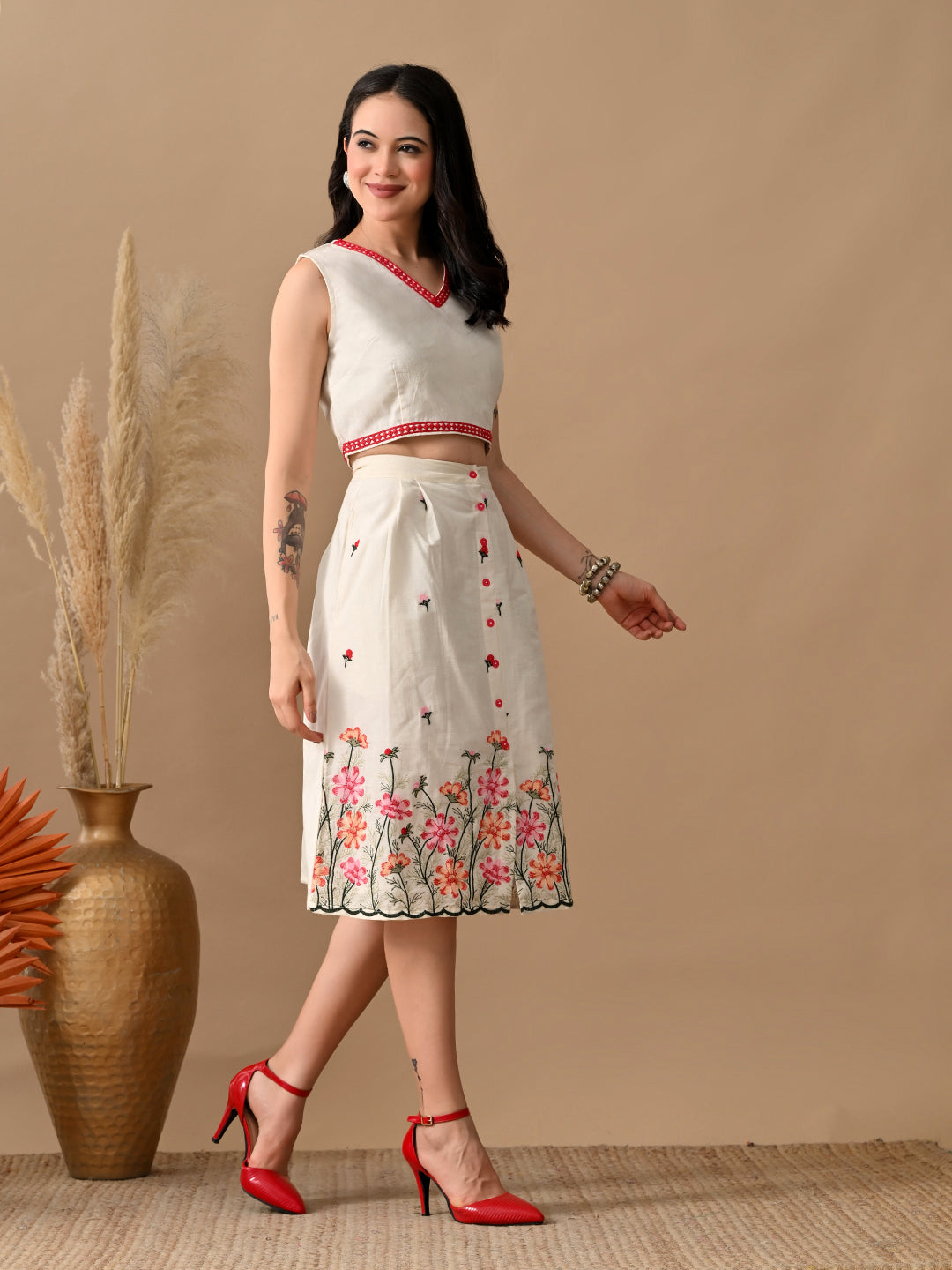 Myshka Women Multi Color Thread Floral Embroidered & Laced Sleeveless Top Pleated Skirt Fusion Wear