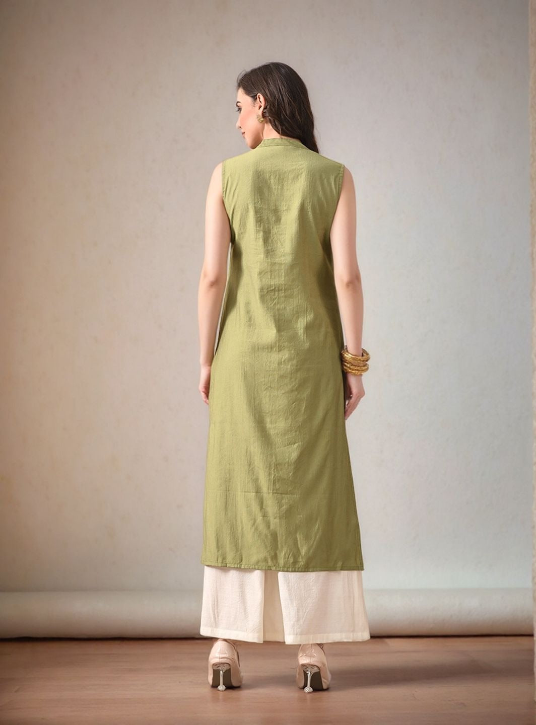 Myshka Women Kurta Set Green Laced Panel Kurta with Palazzo Round Neck A-line