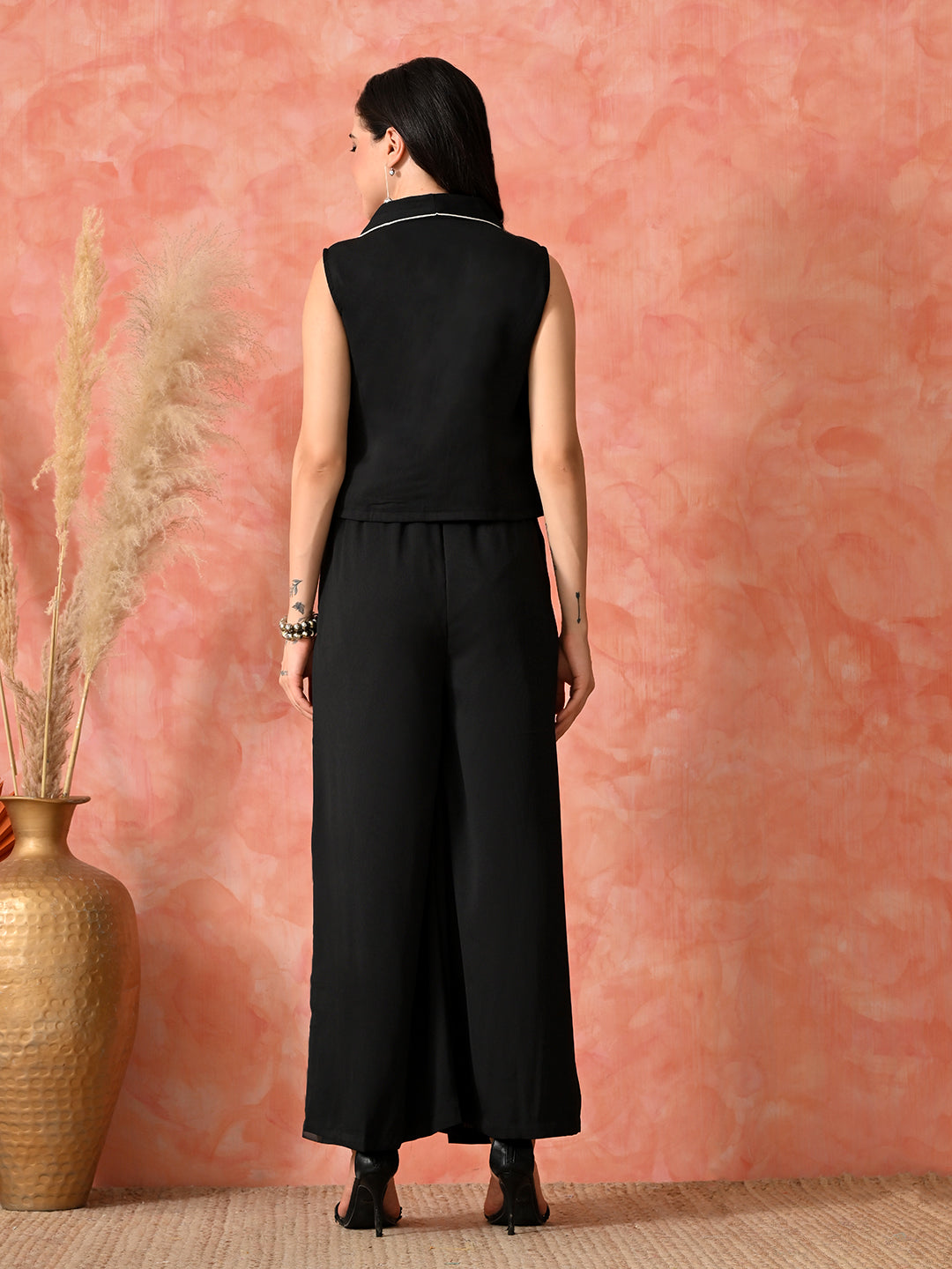 Myshka Women Black Co-Ords Sleeveless Waistcoat Trouser Polyster Elegant look