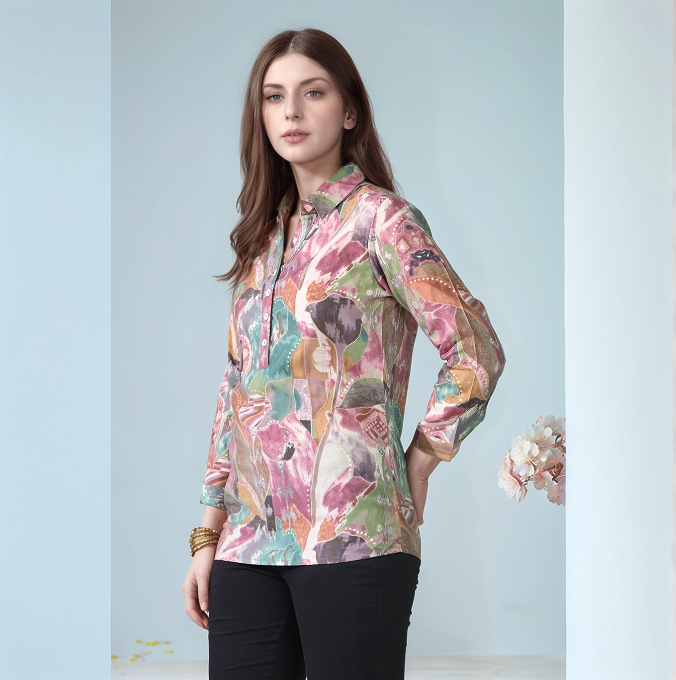Myshka Women Causal Printed Shirt Style Embroidered Top Multi Color