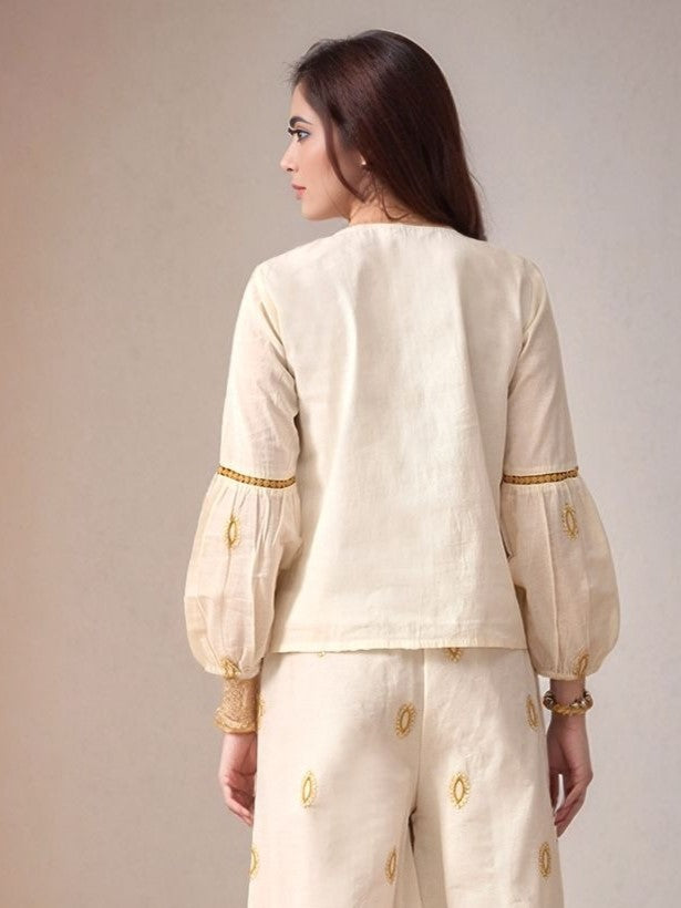 Myshka Women Mustard Yellow Embroidered Ethnic Motif Shirt Puffed Sleeve