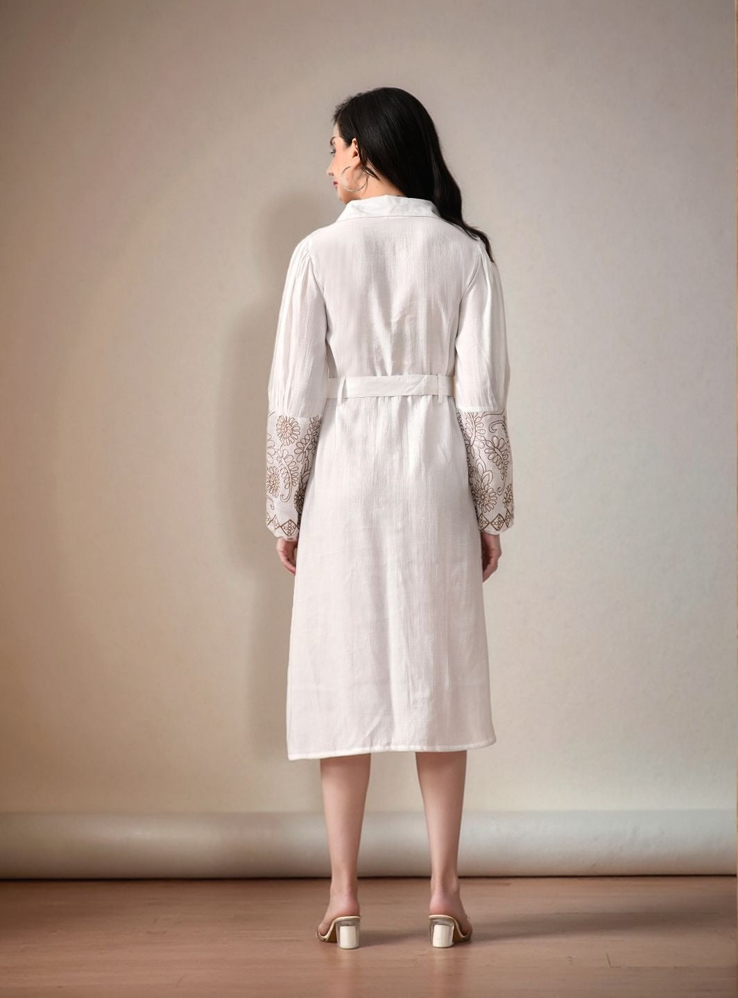 Myshka Women White Embroidered Shirt Dress Trendy Full Sleeves