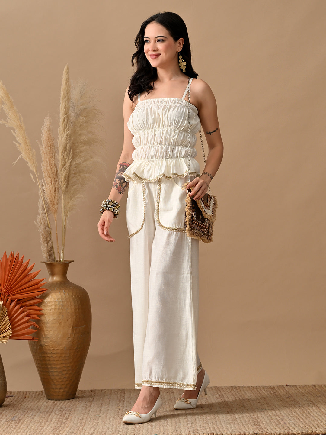 Myshka Women White Self Design Tube Top Trouser Festive