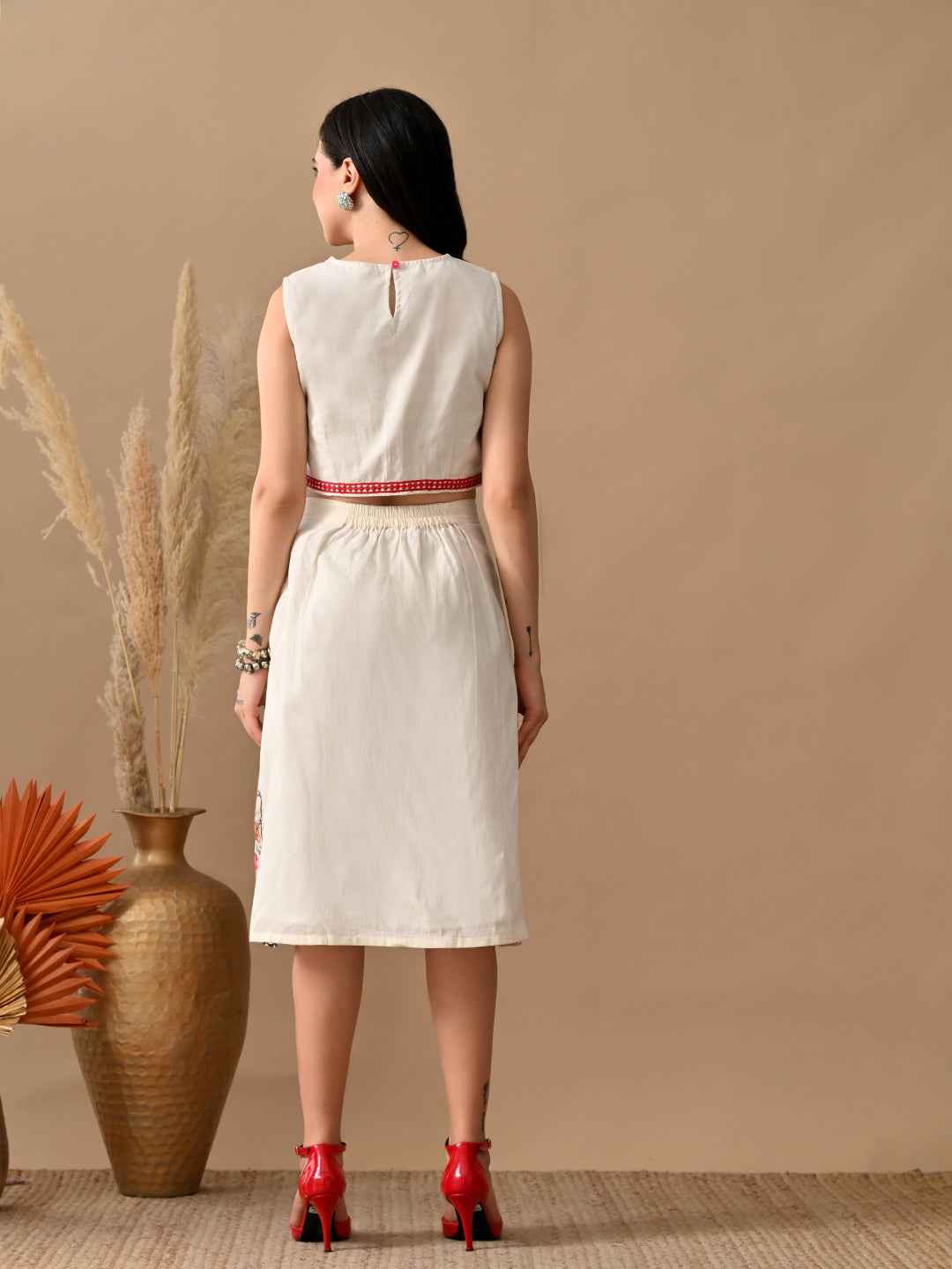 Myshka Women Multi Color Thread Floral Embroidered & Laced Sleeveless Top Pleated Skirt Fusion Wear