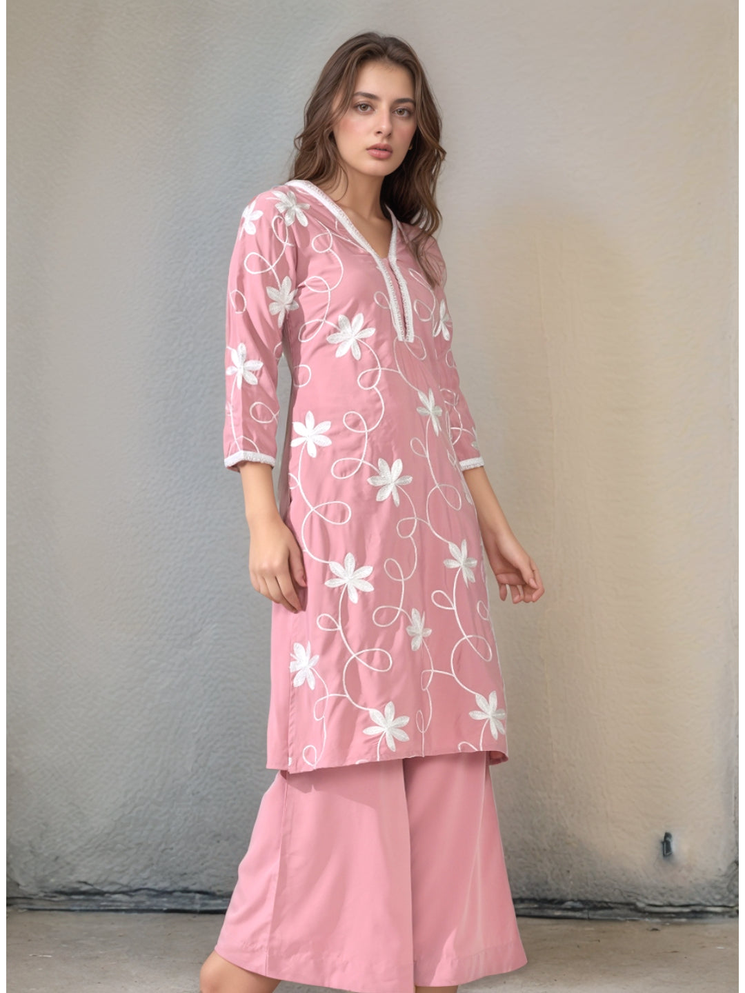 Myshka Women Embroidered Calf Length Pink Kurta With Palazzo