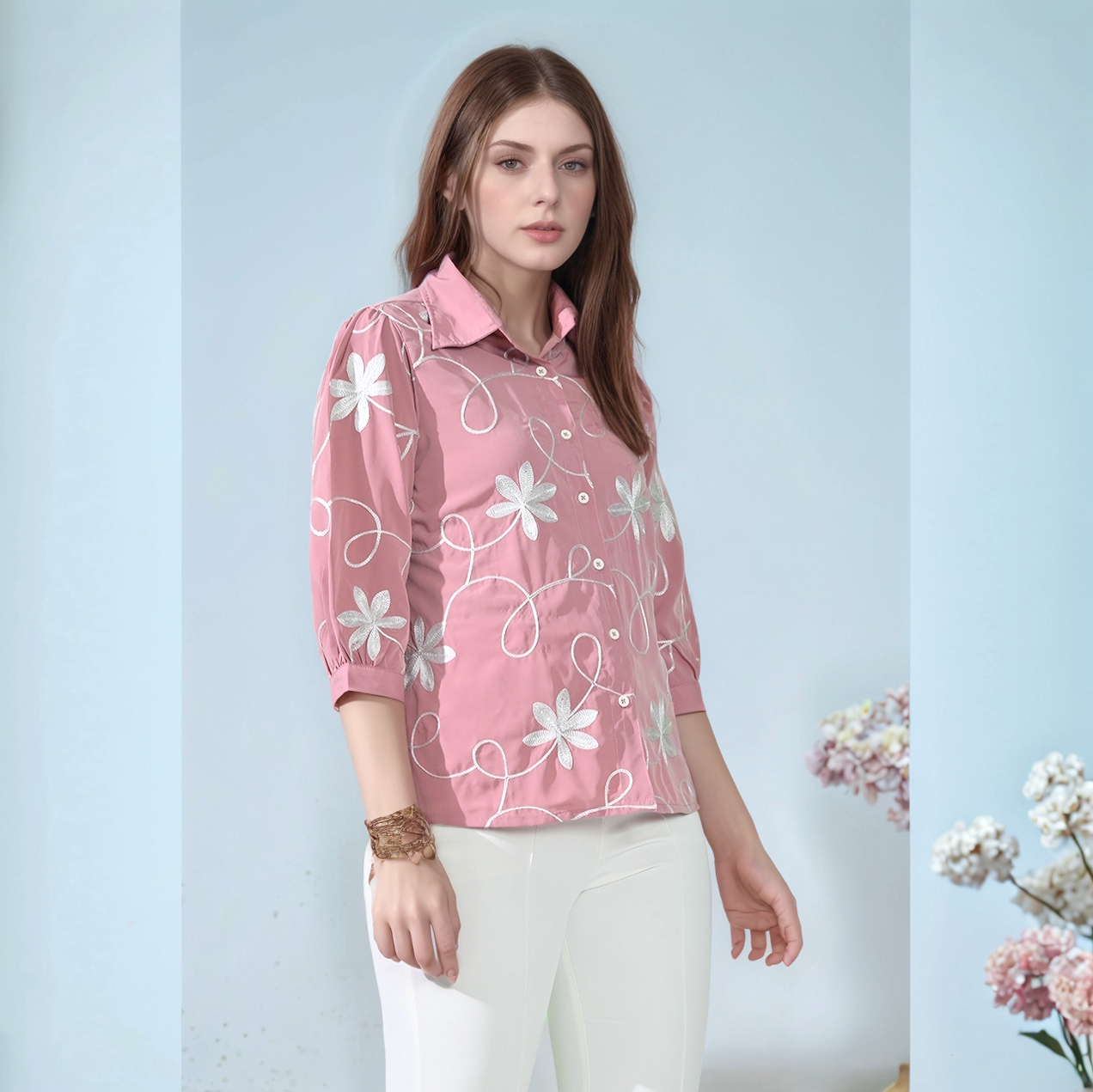 Myshka Women Causal Shirt Style Embroidered Top Pink Color