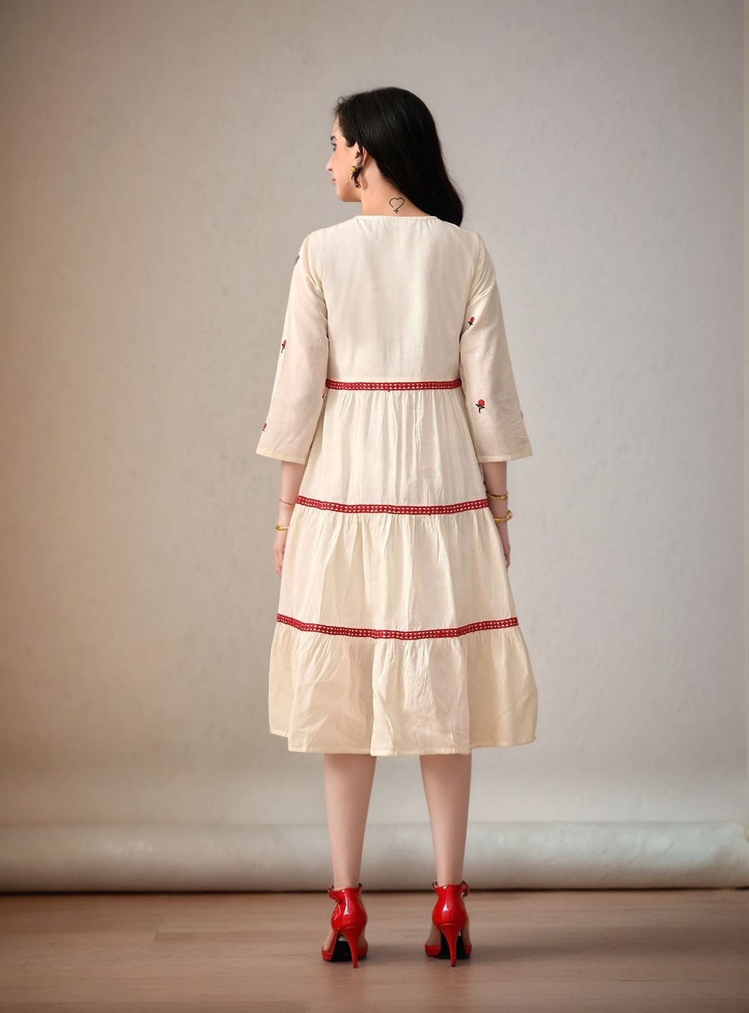 Myshka Women Multi Color Thread Embroidered Laced Tired Dress Regular Sleeves