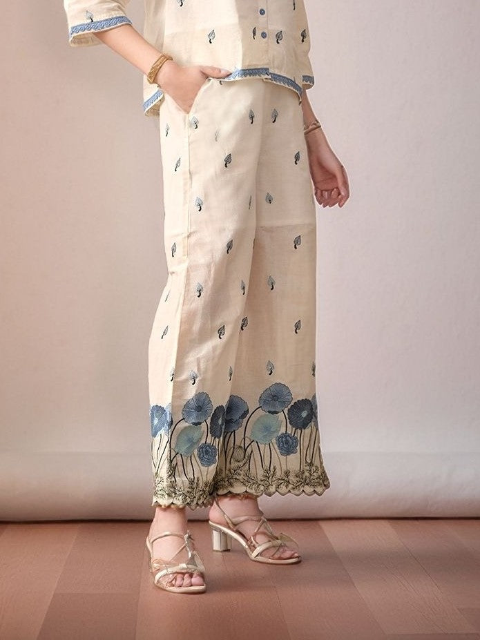 Myshka Women Blue Thread Floral Embroidered Flared Trouser