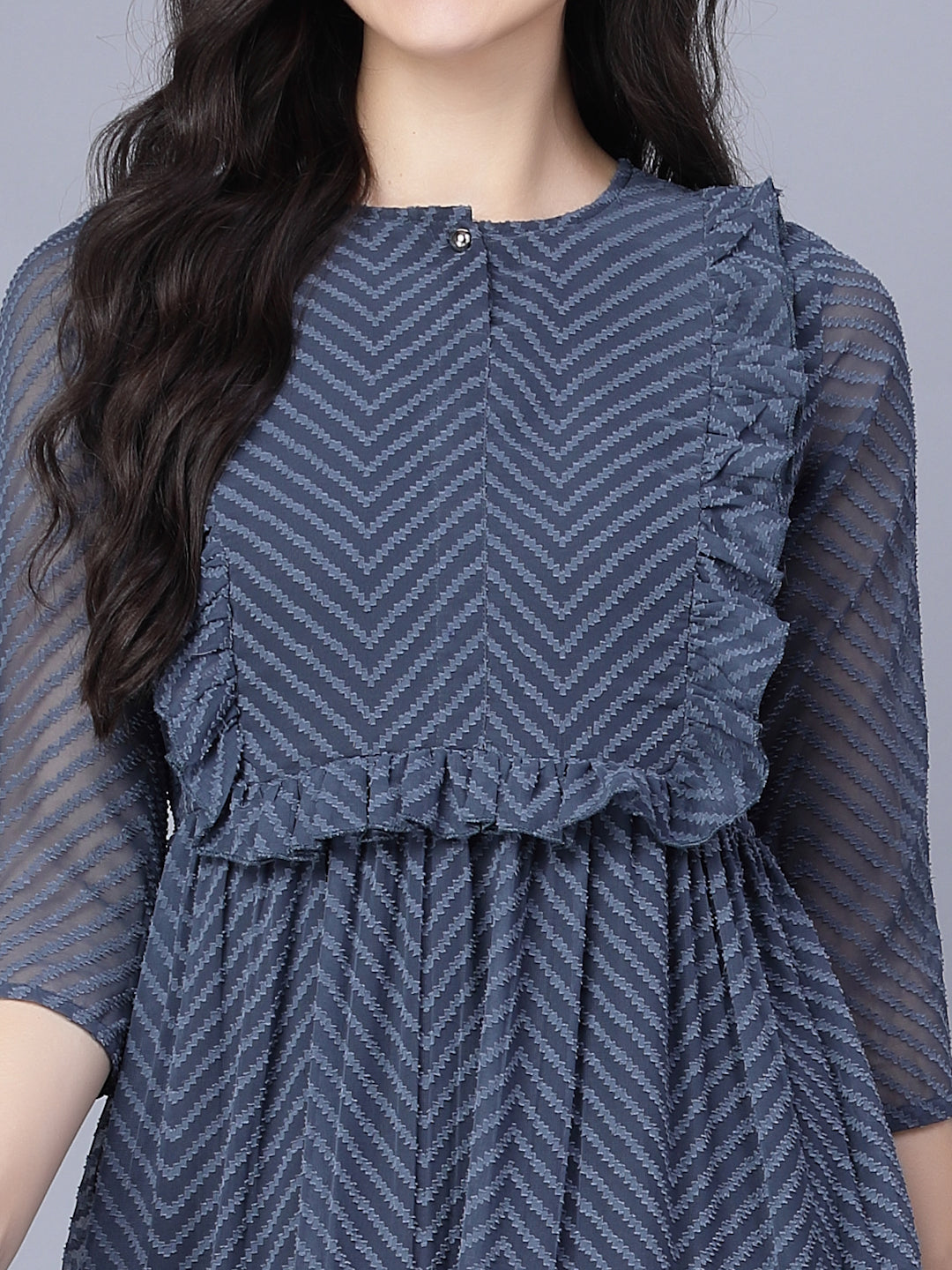 Myshka Myshka Georgette Solid 3/4 Sleeve Round Dark Grey Women Dress