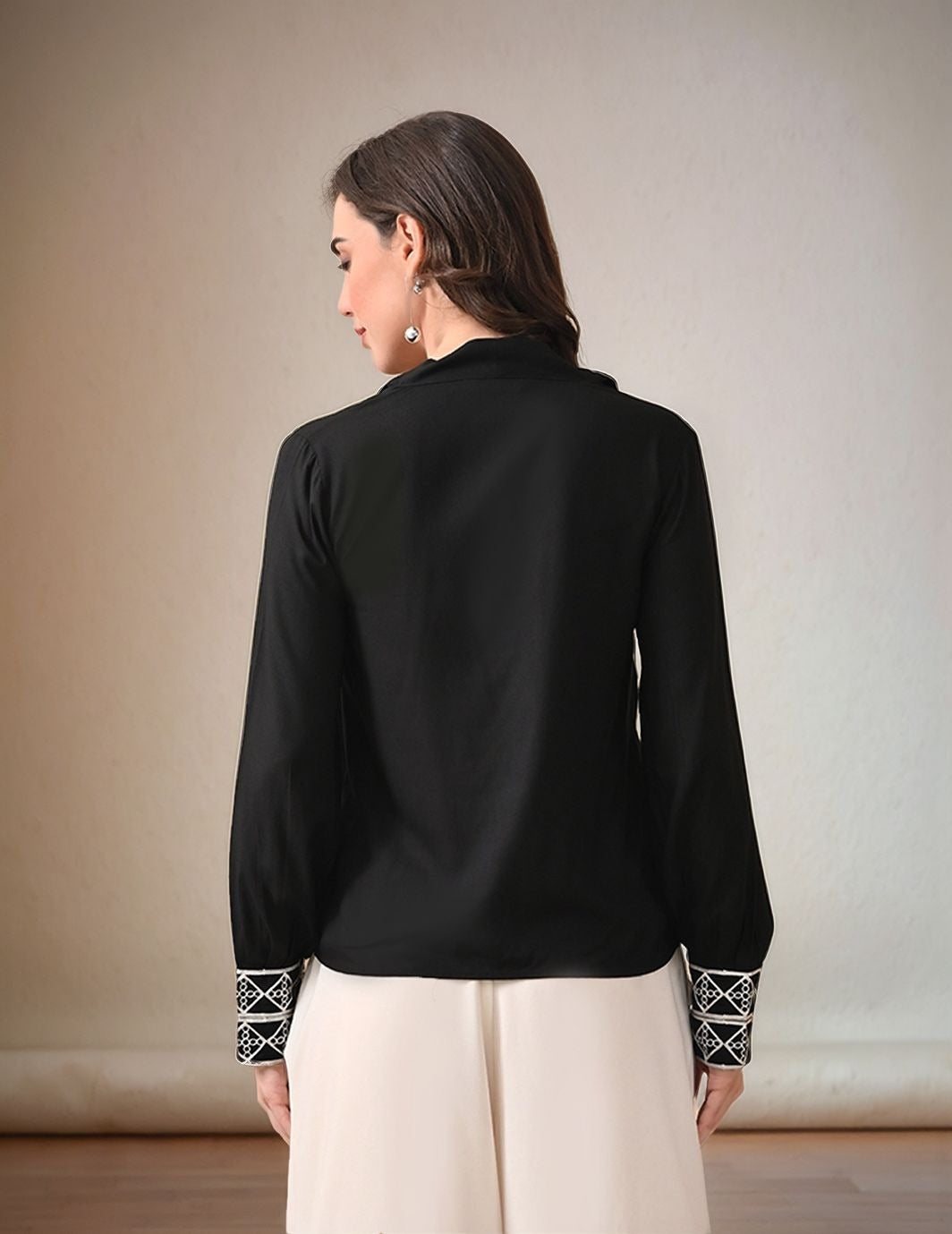 Myshka Women Black Embroidered Cuff Shirt Tie-up Neckline