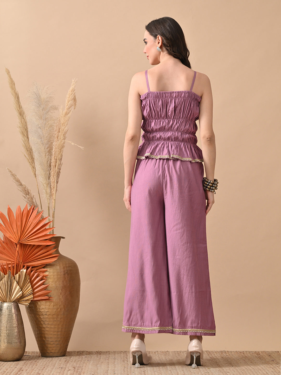 Myshka Women Lavender Self Design Tube Top Trouser Festive