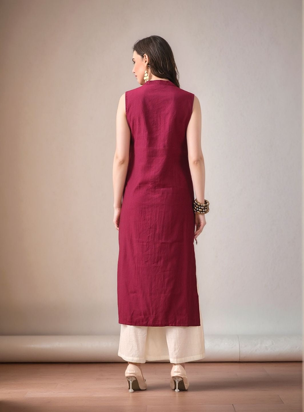 Myshka Women Kurta Set Magenta Laced Panel Kurta with Palazzo Round Neck A-line