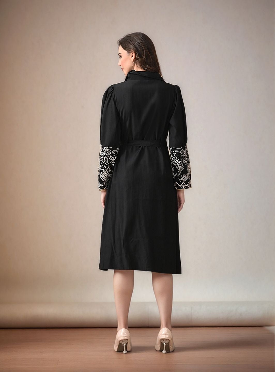 Myshka Women Black Embroidered Shirt Dress Trendy Full Sleeves