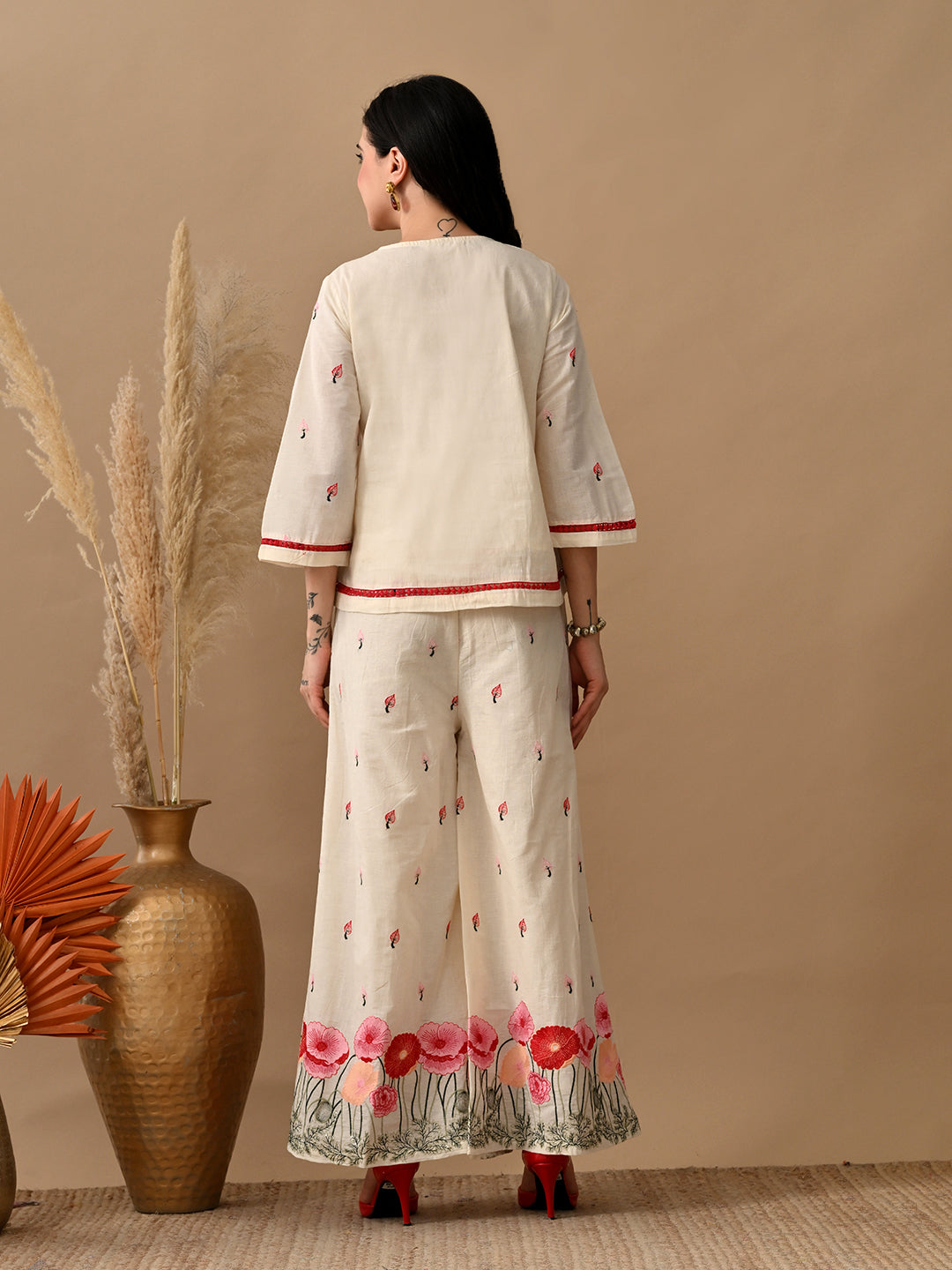 Myshka Women Multi Color Thread Floral Embroidered & Laced Shirt Trouser Festive