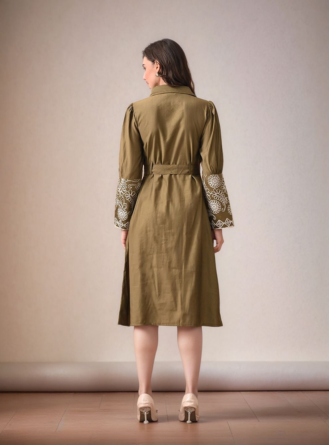 Myshka Women Olive Green Embroidered Shirt Dress Trendy Full Sleeves