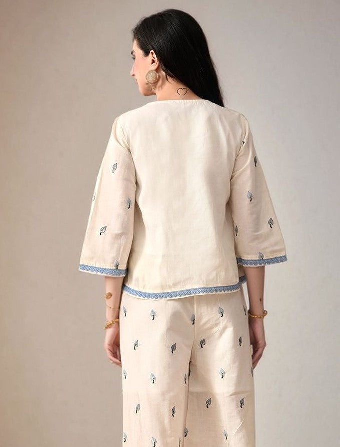 Myshka Women Blue Embroidered Laced Shirt Three-Quarter Sleeves