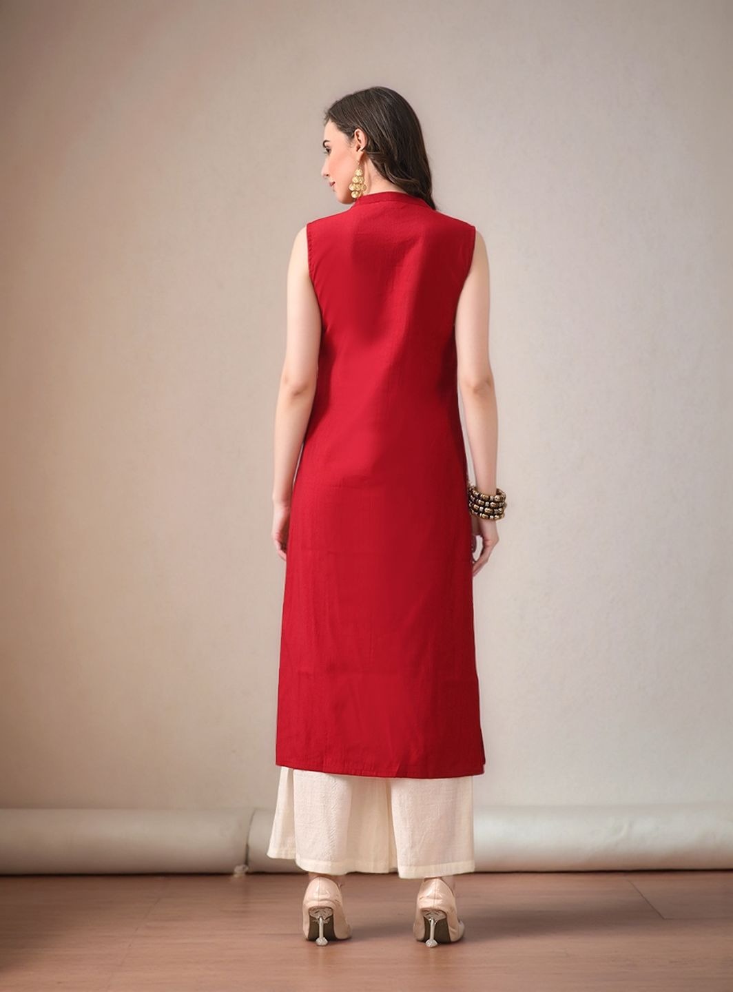 Myshka Women Kurta Set Red Laced Panel Kurta with Palazzo Round Neck A-line