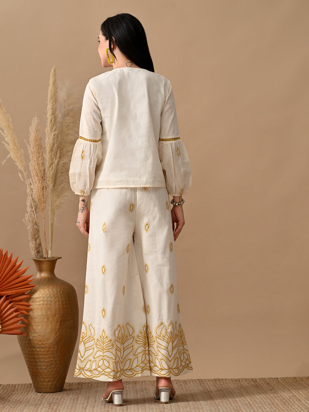 Myshka Women Mustard Yellow Embroidered Ethnic Motif & Laced Shirt Trouser Festive
