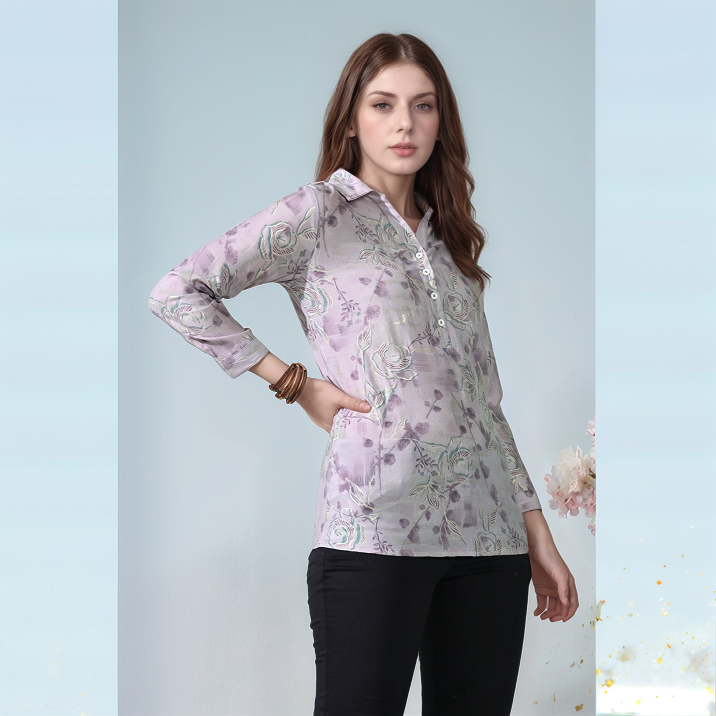Myshka Women Causal Printed Shirt Style Embroidered Top Lavender Color